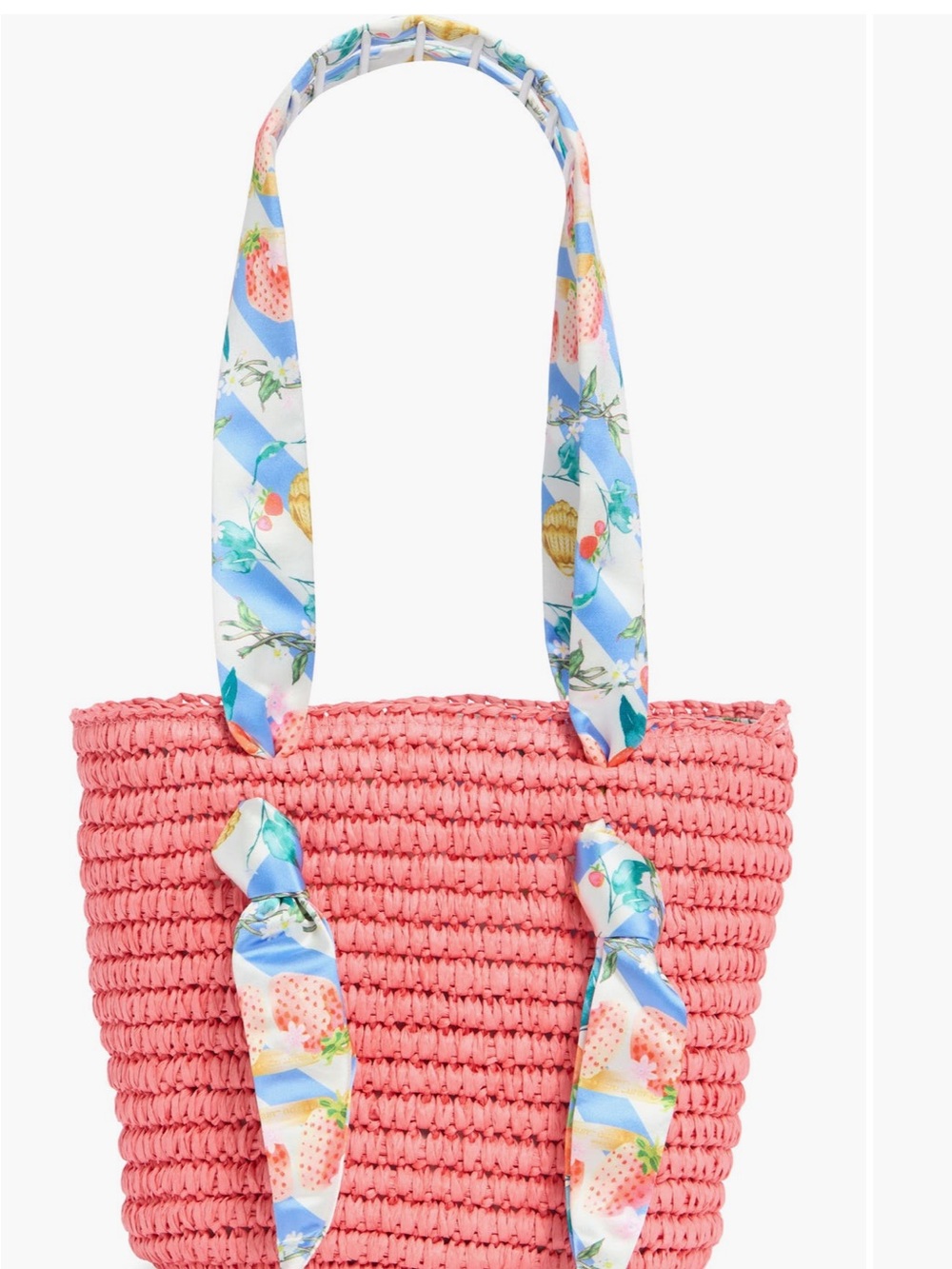 Kurt Geiger Small Raffia Woven Tote Pink/ Coral with Floral Scarf Handles - Picture 6 of 6